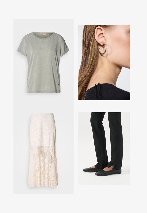 Lys grøn, kortærmet skjorte med en subtil glans, rund hals og et logo akcent på kanten. Blødt stof med en afslappet pasform.; Blomsterdenim midi-skirt i crème; har et lagdelt design med gennemsigtige sektioner, struktureret blonder og en udfladning. ; Sorte læder balletflade sko med spids tå, rem med sølvspænde, parret med sorte skræddersyede bukser med slids i bunden.; Sølv hoop ørestik med en poleret overflade, prydet med små guld accenter og en rund form, båret på øreflippen.