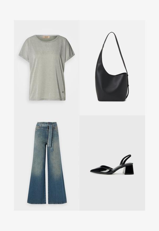 Svetlo zelena majica s kratkimi rokavi z subtilnim sijajem, okroglim ovratnikom in logotipom na robu. Mehka tkanina in sproščen kroj.; Široke jeans hlače z gradientom od svetlo do temno modre, visokim pasom, zankami za pas in pasom iz istega materiala. Tekstura denim končnica.; Črne lakirane slingback pete s koničastim nosom in geometrijsko blokasto peto. Imajo eleganten, minimalističen dizajn in gladko teksturo.; Črna usnjena hobo torba z gladko teksturo, ukrivljeno obliko in eno nastavljivo naramnico; ima širok odprtina na vrhu.