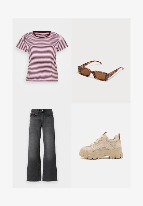 Crvena i bijela prugasta majica kratkih rukava s okruglim izrezom, koja na lijevoj strani grudi sadrži mali crveni Levi's logo. Izrađena od pamuka.; Široke traperice u tamnosivoj boji denima. Imaju pet džepova, kopčanje na dugme i suptilno izblijeđenje na tkanini. Klasični šavovi kao akcenti.; Bež deblje tenisice s kombinacijom mrežastih i antilop materijala, koje imaju debeli potplat i izražen uzorak, dizajn s vezicama i detalj s brandingom.; Naočale u obliku tortoiseshella s pravokutnim smeškim lećama, debelim okvirom i tankim nogicama koje imaju uzorak od različitih nijansi smeđe boje.; Srebrne kružne naušnice s glatkom, poliranom površinom. Okrugli oblik i sigurno kopčanje na klik. Lagani dizajn pogodan za svakodnevno nošenje.