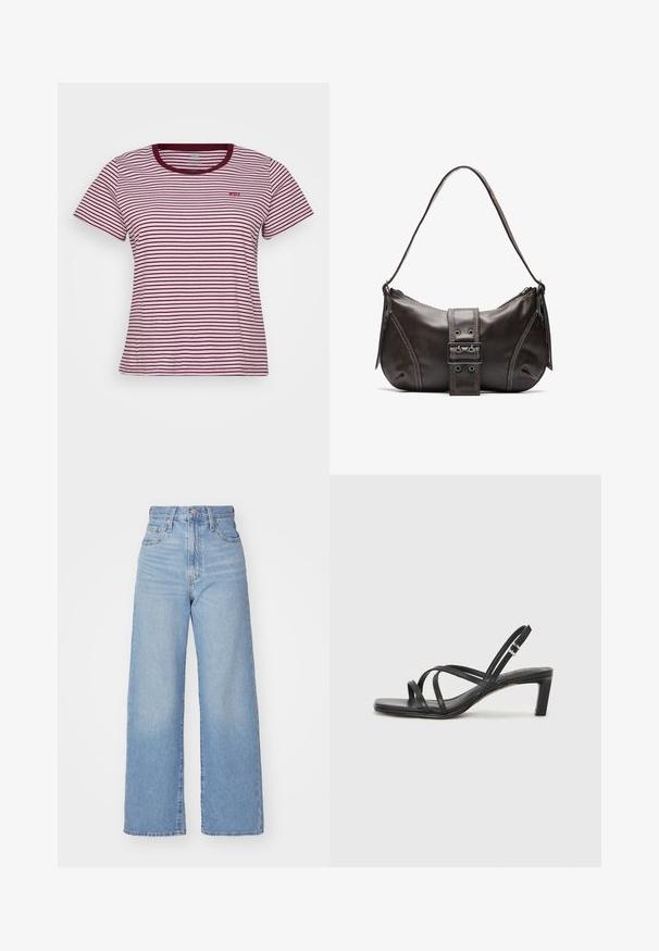 Punane ja valge triibuline lühikeste varrukatega T-särk ümmarguse kaelusega, millel on vasakul rinnal väike punane Levi'si logo. Puuvillane materjal.; Heledad sinine kõrge vöökohaga laiad teksad, ees nupp ja tõmblukk, ees ja taga taskud, valge tausta peal.; Mustast rihmajalatsid ruudukujulise varba ja madala ploki kontsaga. Omab mitmeid õhukesi rihmasid ja reguleeritavat pahkluu rihma. Valmistatud siledast nahast.; Pruunist nahast õlakott kumerate joontega, millel on silmapaistev pandla detail, kontrastne õmblus ja üks õlavarre rihm.; Hõbedased metallkõrvarõngad lainelise, skulpturaalse disainiga, millel on poleeritud viimistlus ja ebaregulaarsed kujundid, rõhutades kaasaegset esteetikat.