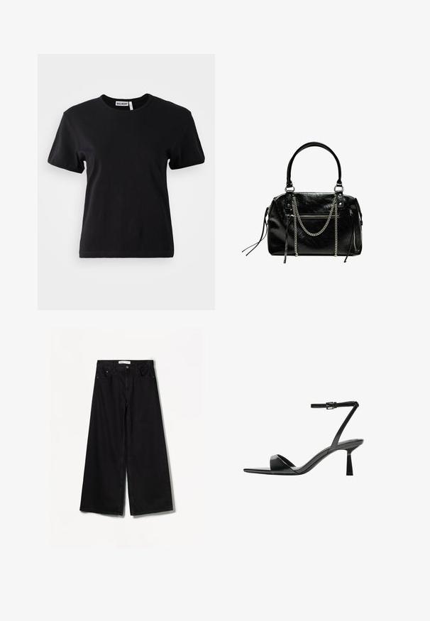 Black cotton blend t-shirt with a round neck, short sleeves, and a relaxed fit. Label reads "WEEKDAY" on the inside neck.; Bershka WIDE-LEG - Wide Leg - black; Bershka High heeled sandals - black; Bershka WITH CHAIN - Handbag - black