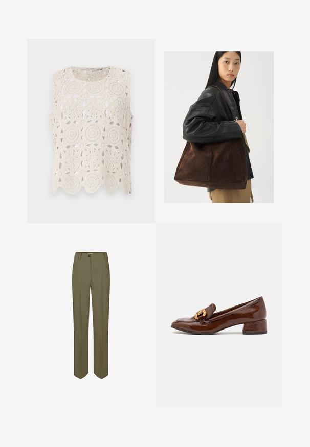 Top beige senza maniche realizzato all'uncinetto, caratterizzato da motivi circolari e orlo a onde, realizzato in un materiale leggero con un design aperto.; Pantaloni olive verdi su misura con gamba dritta, chiusura a un bottone e due pieghe frontali, caratterizzati da una texture liscia e tessuta.; Mocassini in pelle marrone con finitura lucida, caratterizzati da una fibbia dorata decorativa sulla parte anteriore e un tacco basso a blocco. Design classico.; Borsa tote in suede marrone con forma ampia e texture morbida, caratterizzata da una strap singola e hardware minimale su uno sfondo neutro.