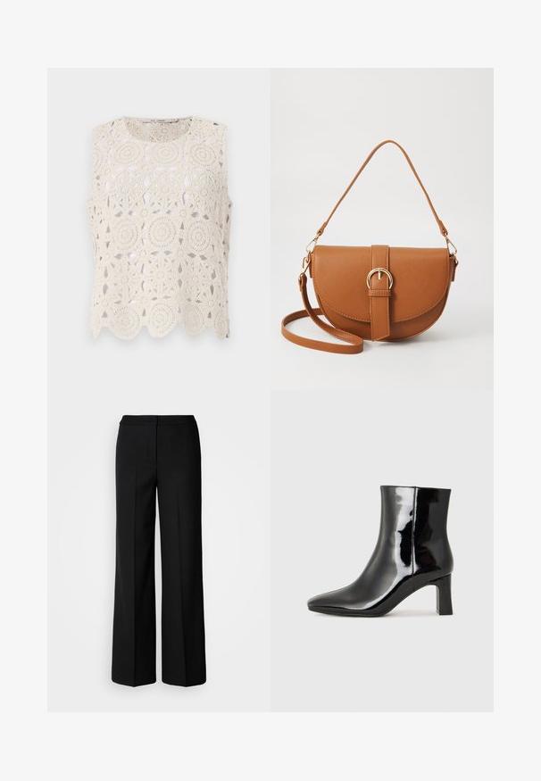 Virkat beigt ärmlöst linne med cirkulära mönster och vågig kant, tillverkat av lätt material med en öppen design.; Svarta vida byxor med ett mjukt tyg, med hög midja, skräddarsydda sömmar och en minimalistisk design. Inga synliga detaljer eller fickor.; Svart lackläder ankelboot med spetsig tå och en medelhög klack. Slät textur och minimalistisk design.; Brun läder crossbody-väska med en böjd form, gyllene detaljer och en spänneaccent. Har en avtagbar axelrem.
