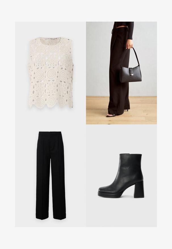 Bež pleteni top bez rukava s kružnim uzorcima i valovitim rubom, izrađen od laganog materijala s otvorenim dizajnom.; Crne hlače širokih nogavica s glatkom teksturom, s ravnim prednjim dijelom, nabranim detaljima i krojenim pojasom. Nema vidljivih metalnih dijelova ili uzoraka.; Crna kožna čizma do gležnja s blok petom i platformom, prikazana s bočne strane na jednostavnoj bijeloj pozadini.; Crna torba s oblikom koji sadrži strukturu, glađu teksturu i metalnu kopču. Uparena s širokim crnim hlačama i sandalama na otvorenom s drvenog poda.