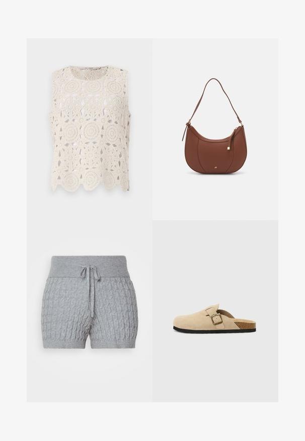 Háčkovaný béžový bezrúchový top so zakrivenými vzormi a vlnitým lemom, vyrobený z ľahkého materiálu s otvoreným dizajnom.; Sivé pletené šortky s textúrovaným dizajnom, vybavené rebrovaným pásom a nastaviteľnou šnúrkou. Krátka dĺžka, mäkká tkanina.; Bežové semišové clogs na klinoch so korkovou stielkou, zaoblenou špičkou a jednoduchým remienkom so zlatým sponou. Gumová podrážka pre lepšiu priľnavosť.; Hnedá umelá kožená taška cez rameno s zakriveným tvarom, minimalistickým šitím a zlatými akcentami. Obsahuje zips na vrchu a nastaviteľný popruh.