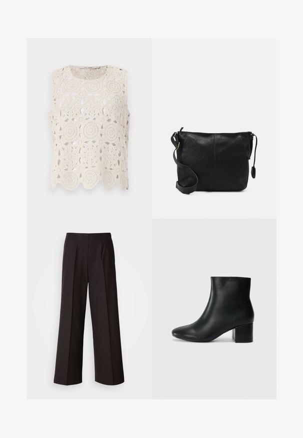 Krošēts bēšs bez piedurknēm tops ar apļveidīgiem rakstiem un viļņotu maliņu, izgatavots no viegla materiāla ar atvērtu dizainu.; Melni platleņķa bikses ar gludu priekšpusi, krokām un gludu auduma struktūru. Piedāvā augstu jostasvietu un pielāgotu griezumu, kas nodrošina strukturētu piegriezumu.; Melna ādas potīšu zābaki ar smailu purngalu un masīlu papēdi. Gluda tekstūra ar minimāliem akcentiem un gludu, pieguļošu dizainu.; Melnas ādas plecu soma ar platu formu, ar zelta aksesuāriem un regulējamu siksnu. Gluda tekstūra ar minimāliem šuvju detaļām.