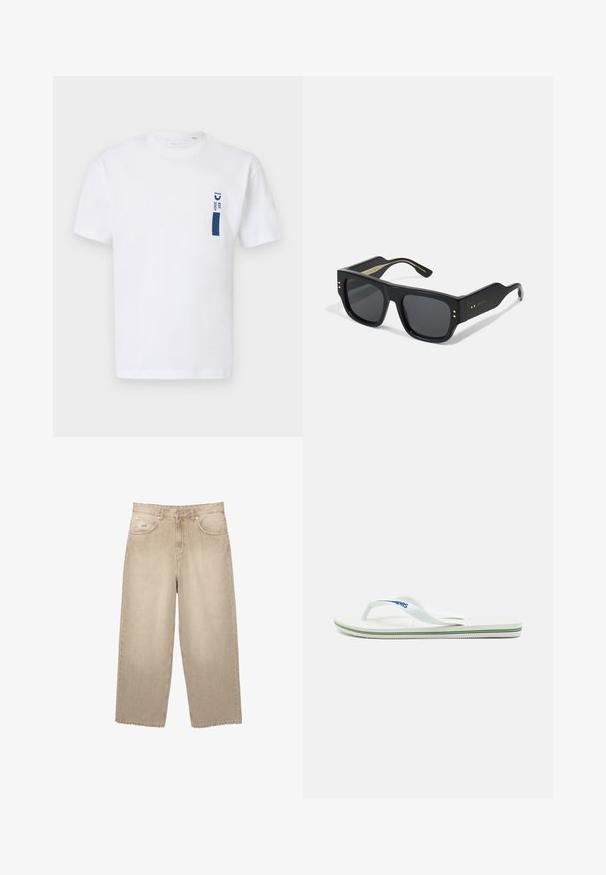Valkoinen puuvillainen t-paita lyhyillä hihoilla, jossa on vasemmassa rinnassa laivansinisellä grafiikalla teksti "EST 2007". Yksinkertainen malli.; Beige leveleihuis denimhousut korkealla vyötäröllä, joissa on revitty helma, kaksi etutaskua ja hienovaraiset ompeluyksityiskohdat.; Valkoinen flip-flop, jossa on teksturoitu pohja, kapeat remmit ja monivärinen korostuslinja pohjassa. Remmissä on logo.; Mustat aurinkolasit, joissa on paksut, neliömäiset muovikehykset ja tummennetut linssit. Varustettu kullanvärisillä yksityiskohdilla temppeleissä ja mattapinnalla.