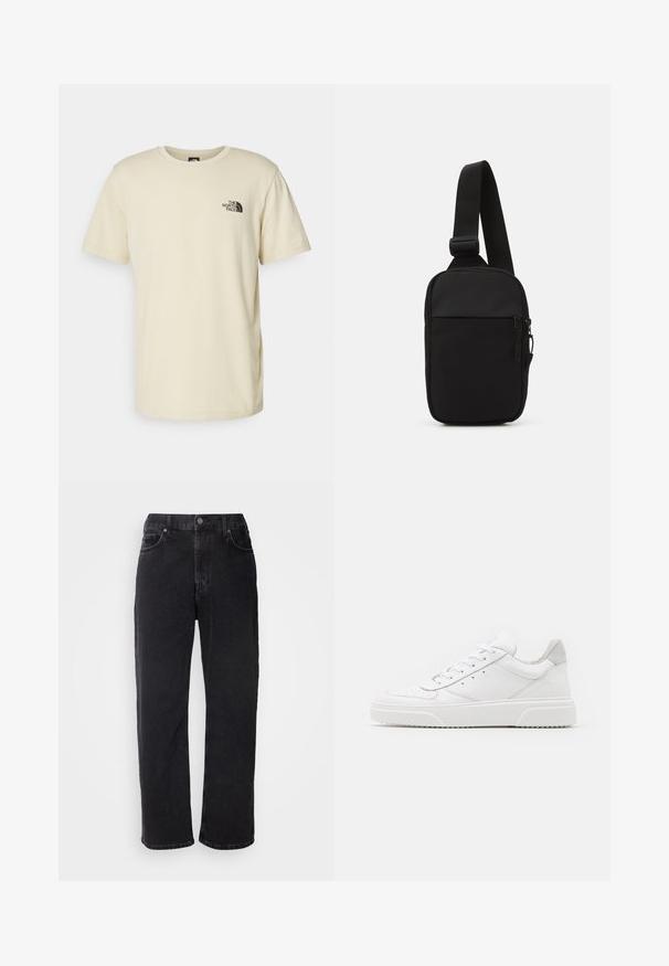 Light beige cotton t-shirt with a crew neck and short sleeves. Features a black logo printed on the left chest area. Simple, classic cut.; Black denim jeans with a straight cut, five pockets, and contrasting stitching. Features a button closure and belt loops on the waistband.; White leather sneakers with a smooth finish, rounded toe, flat laces, and a textured sole. Grey suede accent at the heel.; Black crossbody bag made of durable fabric, featuring a single adjustable strap, a zippered main compartment, and a front pocket.