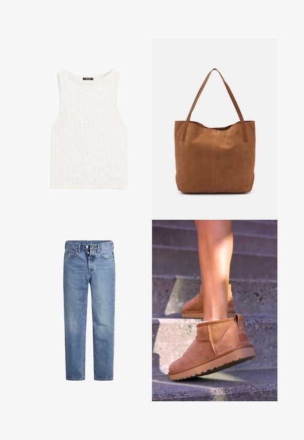 Witte mouwloze top van textuurstof met een subtiel patroon. Heeft een ronde halslijn en een rechte zoom.; Lichtblauwe spijkerbroek met een rechte snit, vijf zakken en een knoopsluiting. Heeft subtiele vervaging en oranje stikselaccenten.; Tamme suède enkelboots met een zachte textuur, gestikte details en een rubberen zool, met een lusvormige hak voor gemakkelijk aan- en uittrekken.; Bruine suède shoppers met twee lange handvatten, met een gladde textuur, eenvoudig ontwerp en zonder zichtbare hardware of accenten.