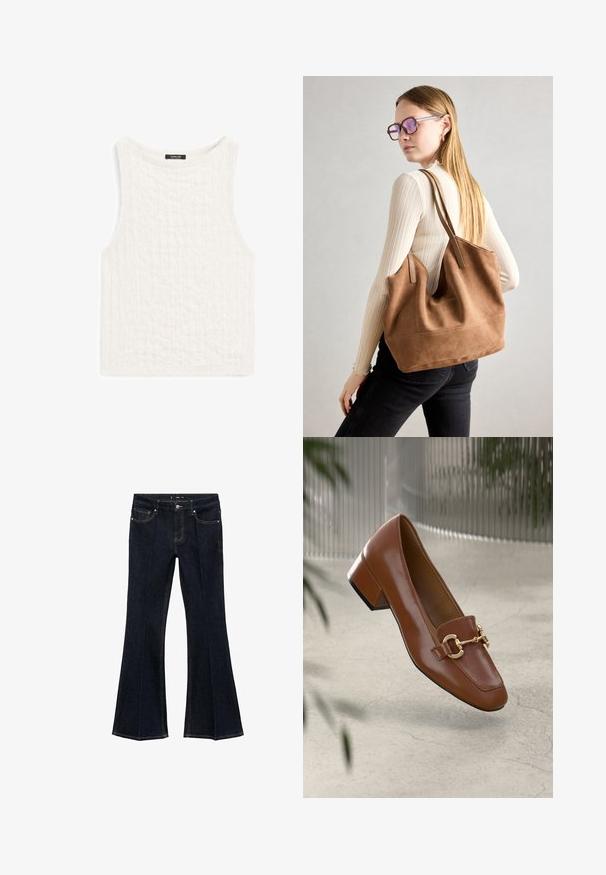 Top bianco senza maniche realizzato in tessuto testurizzato con un motivo delicato. Presenta un colletto rotondo e un orlo dritto.; Jeans in denim blu scuro con vita alta, tasche anteriori e gambe svasate e larghe, esposti piatti su uno sfondo bianco.; Mocassino in pelle verniciata marrone con punta quadrata, accentato da catena metallica e tacco basso; texture liscia, design minimalista.; Borsa a tracolla in suede marrone con texture morbida, ampia apertura e lunghe cinghie. Caratterizzata da un design semplice con cuciture visibili e senza accessori.