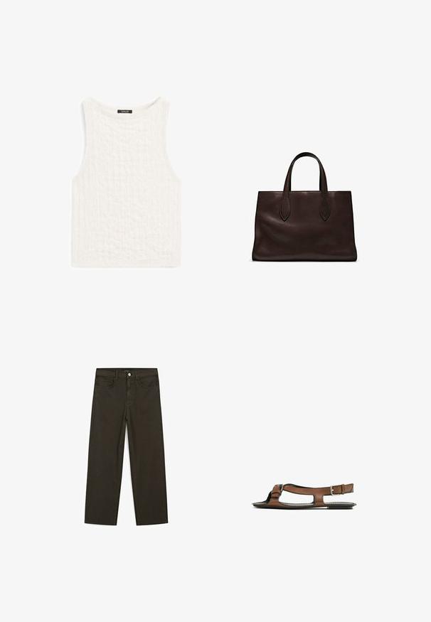 Weißes ärmelloses Top aus strukturiertem Stoff mit einem subtilen Muster. Verfügt über einen runden Halsausschnitt und einen geraden Saum.; Dunkelgrüne Jeans im weit geschnittenen Style, hergestellt aus einem Baumwollgemisch. Sie verfügen über einen Frontknopfverschluss, fünf Taschen und klassische Denim-Nähte.; Braune Leder-Sandale mit offener Zehenpartie und seitlichen Ausschnitten. Sie verfügt über einen Knöchelriemen mit einer metallischen Schnalle und eine flache Sohle.; Braune Ledertasche mit zwei langen Griffen, strukturierte rechteckige Form, glatte Textur und dezente Nähdetails.