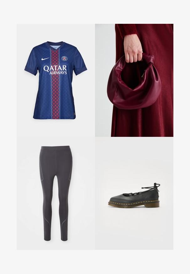 Maglietta da calcio del Paris Saint-Germain in blu con motivi geometrici rossi e bianchi, dotata di colletto rotondo, maniche corte e logo sul petto.; Leggings atletici neri realizzati in tessuto elasticizzato, con sottili accenti grigi, pannelli laterali e motivi perforati alle caviglie.; Scarpa in pelle nera con punta arrotondata, tacco basso, dettagli in pizzo e cuciture gialle lungo la suola. Texture liscia con finitura opaca.; Borsa in pelle bordeaux con un design morbido e arricciato e una forma arrotondata. Il manico è fissato, mostrando una texture liscia.