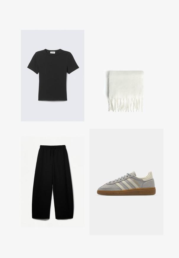 Svart kortärmad T-shirt i mjuk bomull med rund halsringning och normal passform, utan synliga mönster eller detaljer.; Svarta vida byxor med elastisk midja och dragsko. Mjukt tyg med en slät textur. Rakt snitt med sido sömmar.; Grå mockasneakers med ljusgrå läderlinjer och en gummigummi-sula. Funktioner inkluderar snörning och diskret logotyp på tungan.; Vitt fleecehalsduk med fransade kanter, mjuk textur och rektangulär form. Lämplig för lager-på-lager och för att ge värme.