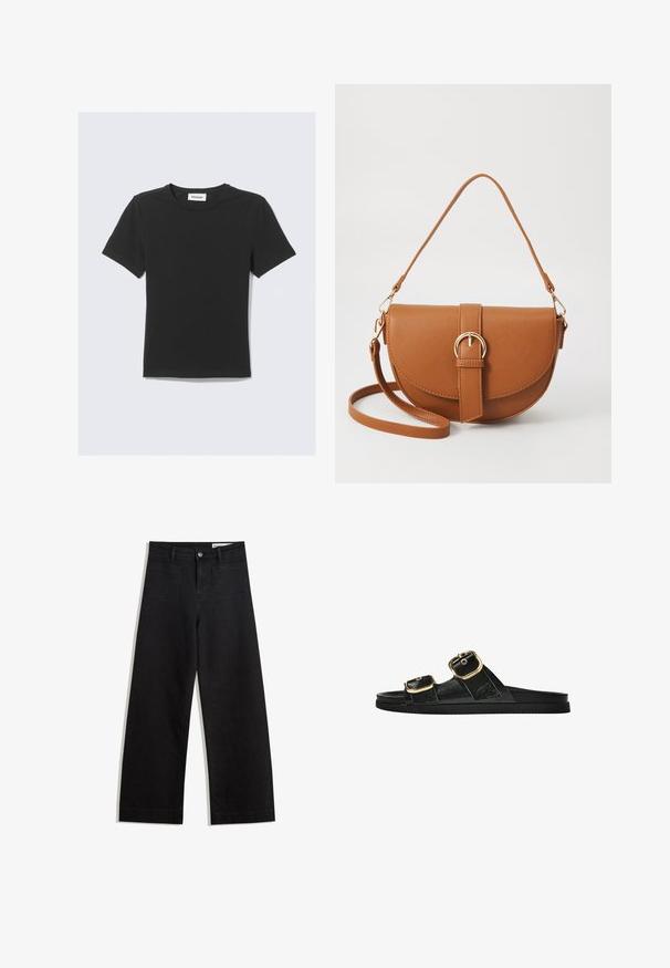 Maglietta nera a maniche corte in morbido cotone, con scollo rotondo e vestibilità regolare, senza motivi o dettagli visibili.; Pantaloni in denim neri a gamba larga con vita alta, dotati di tasche anteriori e posteriori, cuciture a punto, e chiusura con bottone. Texture liscia.; Infradito neri con due accenti di fibbia dorata, materiale dalla texture liscia, suola piatta e design minimalista.; Borsa a tracolla in pelle marrone con forma curvata, hardware dorato e un dettaglio con fibbia. Presenta una tracolla rimovibile.