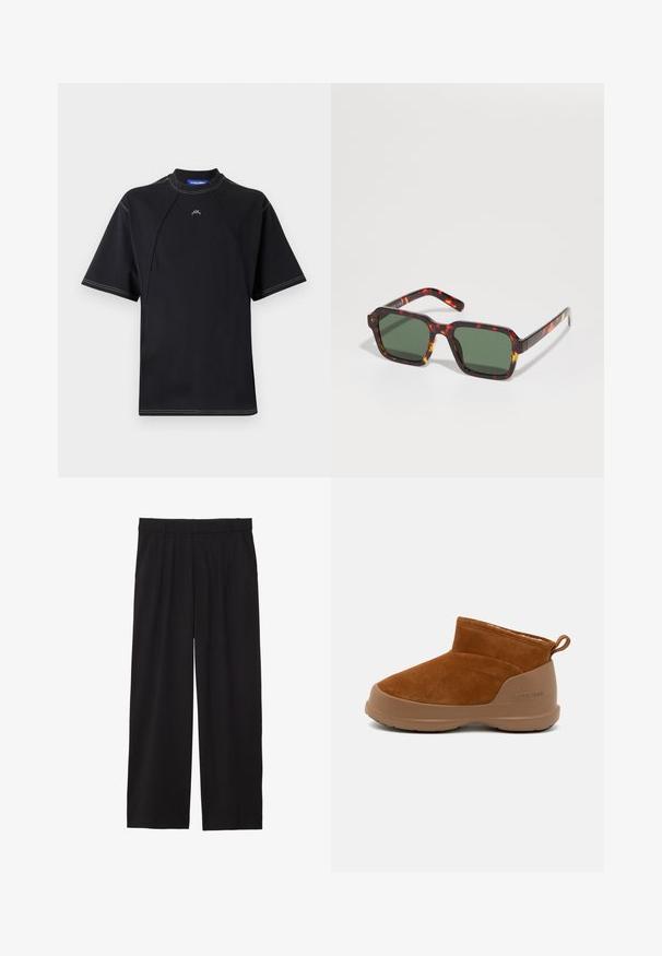 Melna īsām piedurknēm T-kreklā ar apaļu kakla izgriezumu, rotāts ar kontrastējošām šuvēm un mazu logo uz krūtīm. Gluda, elastīga auduma.; Melni platbagāžnieki ar plecu priekšpusi, sānu kabatām un gludu auduma tekstūru. Izstrādāti brīvai piegulšanai.; Brūni zamšādas potīšu zābaki ar brūnu gumijas zoli, kam ir vienkāršs dizains, noapaļota purngala un neliela aizmugurējā cilpa.; Tortoiseshell saulesbrilles ar kvadrātveida rāmjiem, zaļiem lēcām un kontrastējošām oranžām akcentiem gar roku malām.