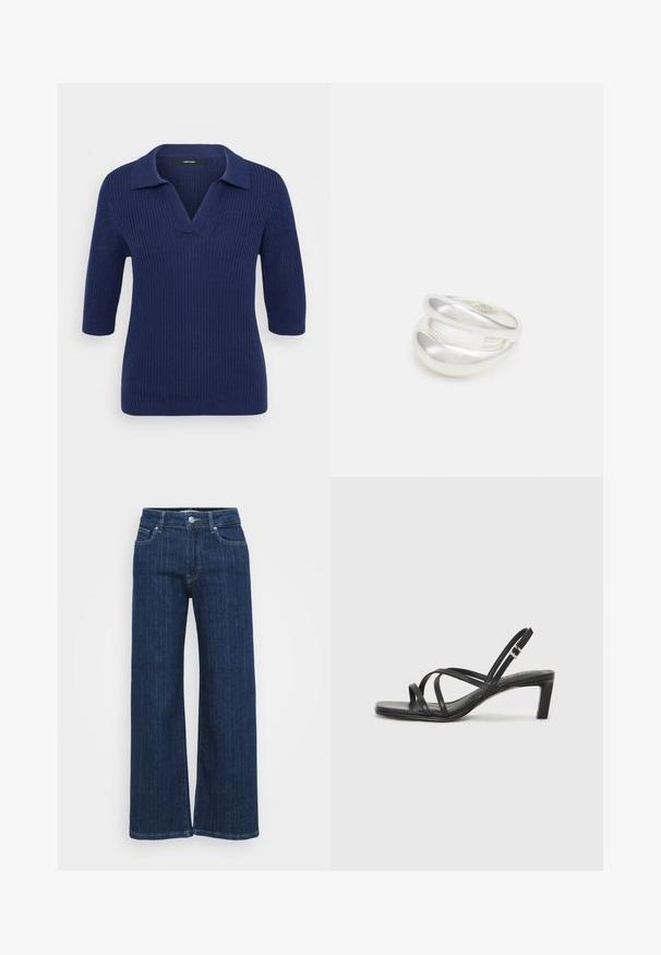Pull en maille bleu marine avec un col en V et des manches courtes, présentant un col contrasté et un motif en relief texturé sur l'ensemble.; Jean large bleu foncé en denim, avec une taille mi-haute, deux poches avant et des coutures décoratives le long des coutures.; Sandale noire à lanières avec un bout carré et un petit talon bloc. Elle présente plusieurs fines lanières et une sangle de cheville ajustable. Fabriquée en cuir lisse.; Bague en argent à double bande avec une surface lisse et polie. Présente un design fluide et courbé avec des sections qui se chevauchent pour un look moderne.