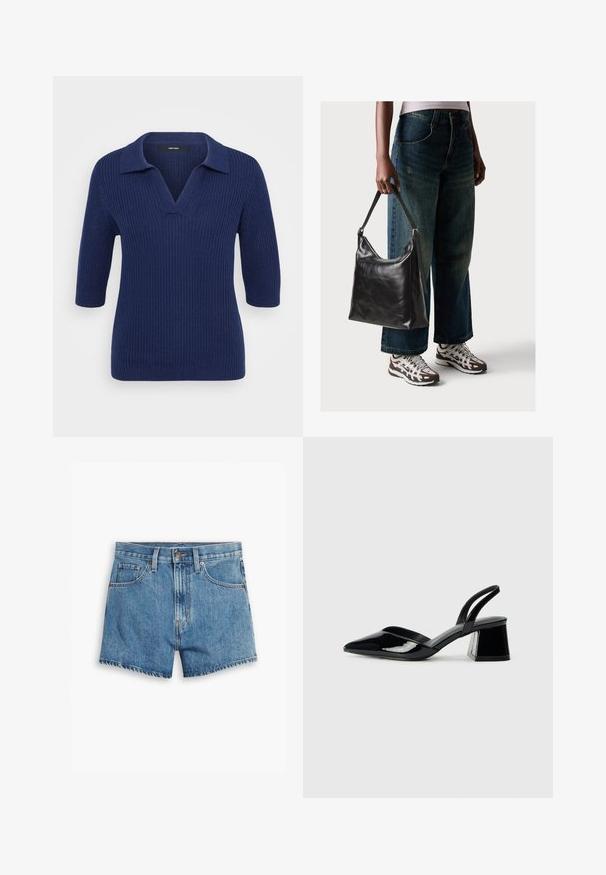 Sweater tricotado azul-marinho com decote em V e mangas curtas, apresentando um colarinho contrastante e um padrão texturizado em ribanas por todo o lado.; Bermudas de ganga em azul claro, com cinco bolsos, fecho de correr e fecho de botão. A bainha está desfiada com um design de corte descontraído.; Sandy em verniz preto com salto slingback, ponta afilada e salto geométrico. Apresenta um design elegante e minimalista com textura suave.; Bolsa de ombro em couro preto com textura suave e alça ajustável, combinada com jeans de perna larga desbotados e ténis desportivos.