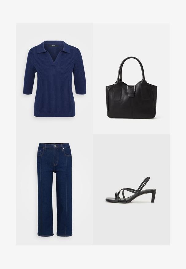 Námornícky modrý pletený sveter s výstrihom do V a krátkymi rukávmi, ktorý má kontrastný golier a textúrovaný ryhovaný vzor po celom obvode.; Tmavomodré rovné džínsy so zapínaním na gombík, prednými a zadnými vreckami a viditeľným oranžovým prešívaním pozdĺž švov.; Čierne sandále na vysokom podpätku so štvorcovou špičkou a nízkym blokovým podpätkom. Obsahujú viacero tenkých popruhov a nastaviteľný členkový popruh. Vyrobené z hladkej kože.; Čierna kožená taška s hladkou textúrou, štruktúrovaným tvarom, dvoma uchami a výrazným strieborným prackovým detailom na prednej strane.; Strieborný prsteň s dvojitým pásikom s hladkým, lesklým povrchom. Má plynulý, zakrivený dizajn s prekryvajúcimi sa časťami pre moderný vzhľad.