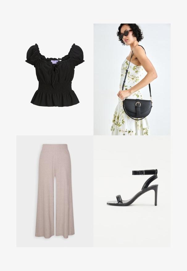 Črna bluzica z teksturo in kratkimi puff rokavi, gumiranim pasom in volanastim robom. Ima detajl z vezavo spredaj in je izdelana iz lahkotnega materiala.; Svetlo sivi široki hlače iz mehkega, rebrastega blaga, z visokim pasom in dolgimi nohami z subtilno teksturo.; Črne sandale s peto z leskom, ki imajo dve ozki naramnici in naramnico okrog gležnja, postavljene na vitko stiletto peto.; Črna usnjena torbica s ukrivljeno obliko, z odstranljivo naramnico in zlatimi dodatki. Torbica ima pokrov s podrobnostmi v obliki zaponke.