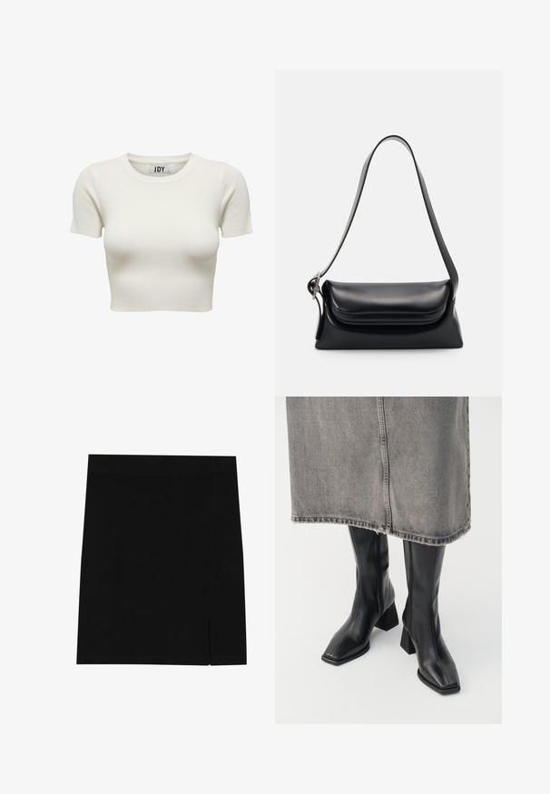 Biela, rebrovaná bavlnená crop top s krátkymi rukávmi a okrúhlym výstrihom, s priliehavým strihom na vytvorenie štíhlej siluety.; Čierna mini sukňa vyrobená z mäkkej tkaniny s priliehavým dizajnom, s jemným rozparkom na boku pre pridanie detailu.; Čierne kožené čižmy po kolená s hranatou špičkou a blokovým podpätkom. Nosené s sivou džínsovou sukňou s rozstrapkaným lemom.; Čierna kožená kabelka so štruktúrovaným tvarom, hladkou textúrou a jedným ramenným popruhom. Obsahuje jemný, zaoblený dizajn klapky.; Strieborné quartz hodinky Casio s obdĺžnikovým ciferníkom, analógovým a digitálnym zobrazením, nerezovým remienkom a vodoodolnými vlastnosťami.