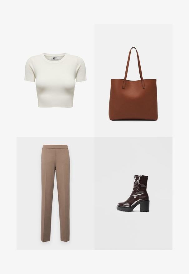 Fehér, bordázott pamut crop top rövid ujjakkal és kerek nyakkivágással, fitted kialakítással a karcsú sziluett érdekében.; Barna, testhezálló nadrág sima, rugalmas anyagból. Egyenes szár és lapos derékrész látható fémrészletek vagy zsebek nélkül.; Fényes bordó bokacsizma vastag fekete sarokkal, sima felülettel és egyszerű dizájnnal. Nincsenek látható zárak vagy minták.; Barna bőr vászontáska sima textúrával, nyitott tetejű dizájnnal és két vállpánttal. Minimális varrással és látható hardver nélkül készült.