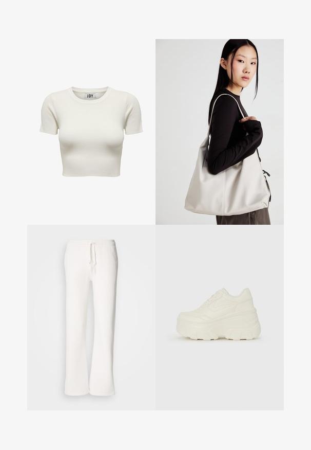 Valge, ribadega puuvillane lühikeste varrukatega lühike topp ümmarguse kaelusega, millel on sobiv disain voolujoonelise silueti saavutamiseks.; Valged, mugavad spordipüksid, mis on valmistatud pehmest kangast, elastse talje ja nööridega, sirgete jalgadega disainiga.; Valged platvormi tõusukingad, millel on siledast nahast meenutav pealis, ümar kuju, pehmendatud kaelus ja tekstureeritud kummitald koos selgete hüdrofoobsete mustritega.; Bež käekott pehme materjali, millel on lõtv disain, õmblustega detailid ja kaks õlarihma. Sobib igapäevaseks kasutamiseks.