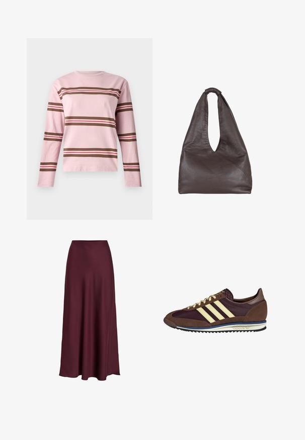 Langärmliges pinkes T-Shirt aus Baumwolle, mit horizontalen Streifen in Braun, Rot und Weiß. Rundhalsausschnitt und lockere Passform.; Burgunderfarbene Satin-Maxikleid mit glatter Textur, hoher Taille und fließender Silhouette, die sich sanft zur Saumkante hin ausläuft.; Braune und burgunderfarbene Sneaker aus Wildleder und Mesh-Materialien, mit drei cremefarbenen Streifen, strukturiertem Stoff an der Zunge und einer Gummisohle.; Braune Lederhandtasche mit einem lässigen, übergroßen Design. Verfügt über einen Schlaufenhandgriff und eine tiefe V-förmige Öffnung für einfachen Zugang. Weiche Textur, minimalistischer Stil.