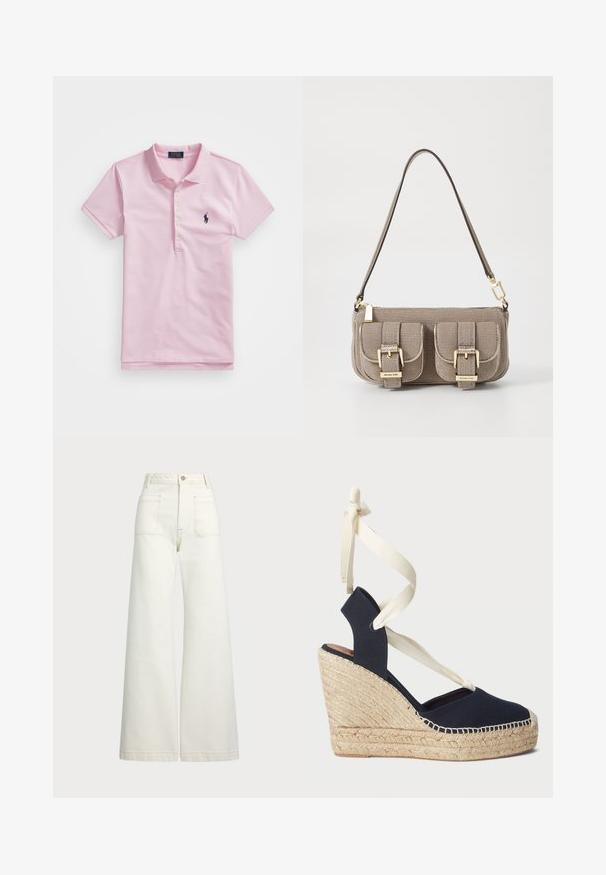 Pink polo shirt made of cotton, featuring a classic collar, three buttons, short sleeves, and a small navy logo on the chest.; Wide-leg jeans in off-white denim. High-waisted design with a button closure, two front pockets, and contrast stitching details.; Navy canvas wedge sandal with an espadrille rope outsole and cream ribbon ties at the ankle. Closed heel and round toe design.; Beige textured handbag with adjustable strap, two front pockets secured by buckles, and gold hardware accents. Zipper closure at the top.
