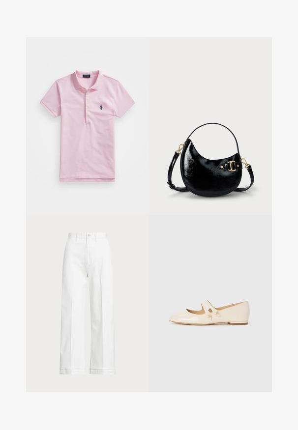 Roza polo majica izrađena od pamuka, s klasičnom ovratnikom, tri dugmeta, kratkim rukavima i malim mornarsko plavim logotipom na prsima.; Bijele široke hlače s visokim strukom, s kopčanjem na dugme i suptilnim detaljima šivanja. Izrađene su od pamuka s glatkom teksturom.; Balerinke od patentirane kože u boji slonovače s dvije dekorativne trake i zlatnim gumbima, sa zaobljenim vrhom i niskom blok petom.; Crna torbica od lakirane kože s zakrivljenim oblikom, podesivim remenom i detaljem od zlatnog metala sa strane. Glatka, sjajna tekstura.