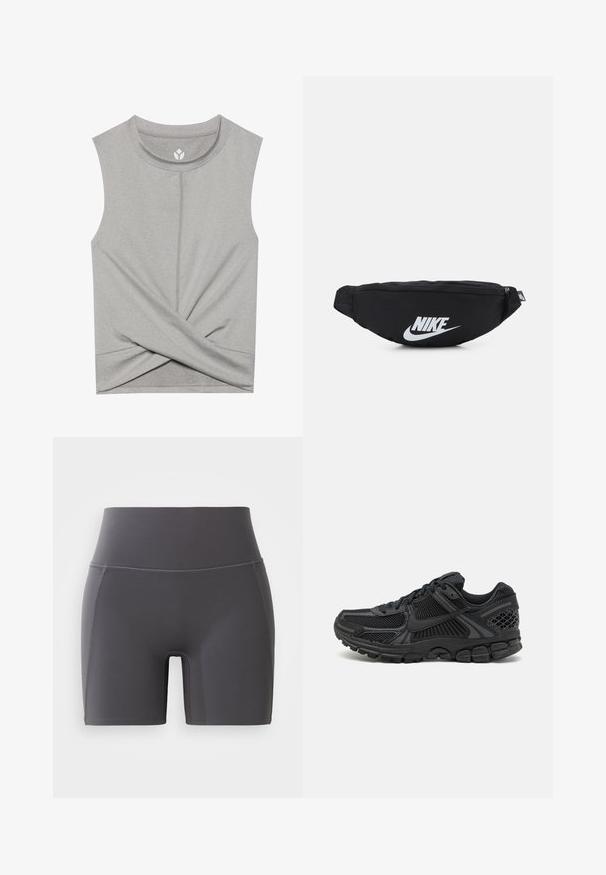 Šedý bezramínkový top s kulatým výstřihem, který má přední twist design a ploché švy pro pohodlí. Měkká, elastická tkanina.; Šedé sportovní šortky s vysokým pasem, vyrobené z hladkého, elastického materiálu. Mají ploché švy a skvělý střih.; Černá sportovní bota s síťovinovým svrškem, gumovou podrážkou a texturovanými akcenty. Design zahrnuje výrazný systém šněrování a polstrovanou podrážku.; Černá nylonová ledvinka s uzávěrem na zip, s velkým bílým logem Nike. Hladký povrch a ergonomický design pro pohodlné nošení.
