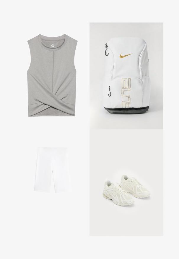 Grå ärmlös topp med rund halsringning, med en twist-design framtill och släta sömmar för komfort. Mjuk, elastisk tyg.; Vita cykelshorts i stretchigt material, med resårmidja och en slät, sömlös design. Längd till mitten av låret.; Vita sportskor i vitt med mesh och syntetiska material, snörningsdesign, vadderad krage och texturerad sula för grepp. Lättviktig konstruktion.; Nike-ryggsäck i vitt med guldlogo och texten "ELITE", med dragkedjsstängningar, mesh-fickor på sidan och en svart bottenbas. Slät yta.