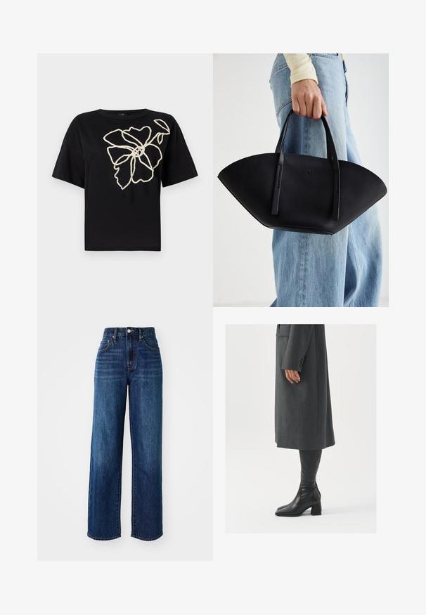 Sort kortærmet t-shirt med et blomsterdesign i struktureret crememønster broderi på forsiden, der har en afslappet pasform og rund hals.; Mørkeblå denim jeans med høj talje, bred bendesign, for- og baglommer samt subtilt slid. Metalhardware på taljen.; Grå, skræddersyet frakke med lige snit; parret med knæhøje sorte læderstøvler med firkantet tå og kraftig hæl.; Sort læderhåndtaske med en unik vifteform, der har flade håndtag. Overfladen har en pebblelignende tekstur og et minimalistisk design.