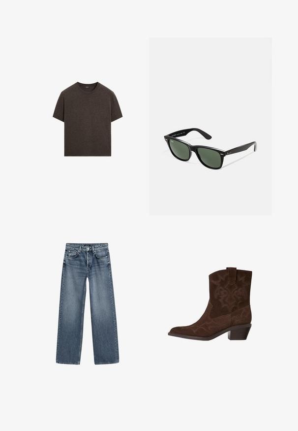 Massimo Dutti SHORT-SLEEVE - Maglione - mottled dark brown; Jeans a vita alta e gamba larga in denim blu medio con un finish sbiadito, design a cinque tasche e chiusura con bottone in tonalità argento.; Stivale da cowboy in suede marrone con punta affusolata, motivi di cucitura decorativi, altezza alla caviglia e tacco impilato. Presenta un'etichetta per una facile indossatura.; Occhiali da sole in plastica nera con lenti verdi, montatura quadrata, dettaglio argento sulla parte superiore e steli con texture. Marchio indicato sulla parte interna dello stelo.