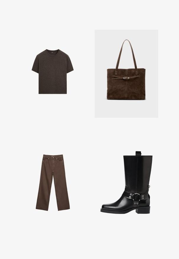 Massimo Dutti SHORT-SLEEVE - Maglione - mottled dark brown; Jeans a gamba larga marroni in denim, con vita alta, tasche anteriori e chiusura a bottone classica. Tessuto liscio con cuciture sottili.; Stivale in pelle nera alto fino al ginocchio con punta affusolata, dettagli in argento e tacco largo. Presenta un inserto per facilitare l'indossamento.; Borsa tote in suede marrone con manici lunghi, caratterizzata da un corpo piatto e una tracolla decorativa con accentuazione in metallo di colore argento.