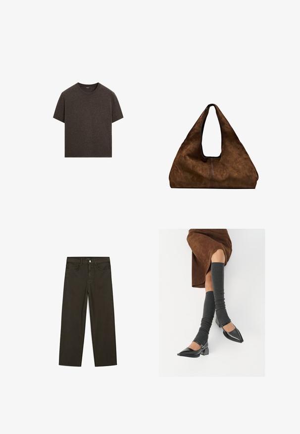 Massimo Dutti SHORT-SLEEVE - Strickpullover - mottled dark brown; Dunkelgrüne Jeans im weit geschnittenen Style, hergestellt aus einem Baumwollgemisch. Sie verfügen über einen Frontknopfverschluss, fünf Taschen und klassische Denim-Nähte.; Schwarze lacklederne spitze Schuhe mit Blockabsatz und Knöchelriemen, kombiniert mit grauen gerippten Beinstulpen und einem braunen Wildlederrock.; Braune Wildleder-Schultertasche mit offenem Oberteil. Sie verfügt über einen tiefen, breiten Körper, einen ausgeschnittenen Griff und minimale Nähte für ein sauberes Design.