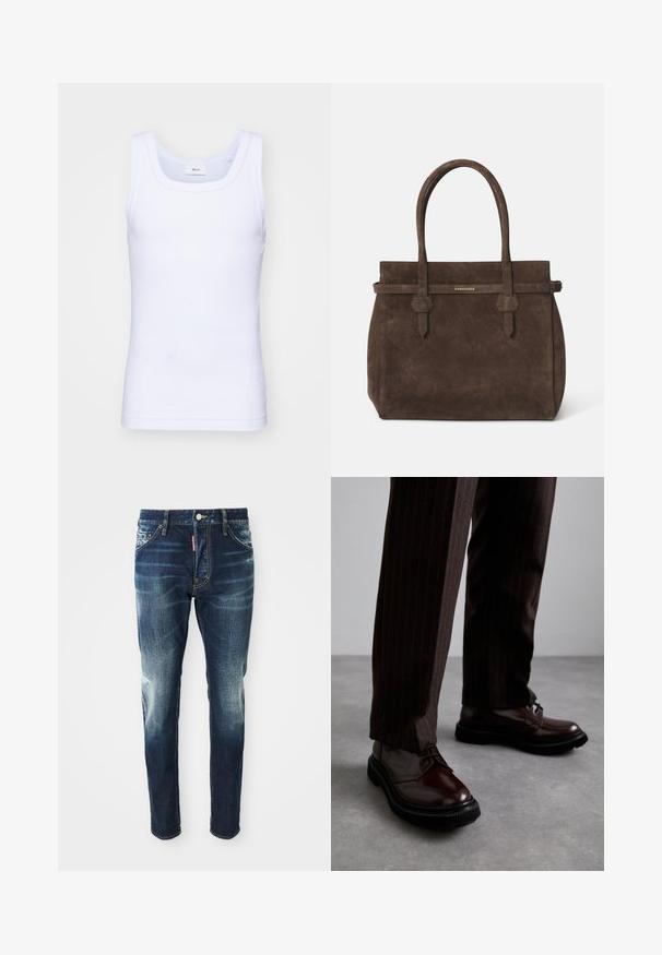 Valkoinen puuvillainen hihaton toppi, jossa on pyöreä pääntie. Topissa on sileä pinta ja se on muotoiltu istuvaksi, suunniteltu rentoon käyttöön.; Tummansinisiä farkkuja, joissa on kapea malli. Farkuissa on vaalennettuja kohtia reisdissä ja polvissa, viisi taskua sekä metallinen napitus.; Ruske nahkasaapad, joissa on kiiltävä pinta, musta kumipohja ja hienovarainen ompelu. Yhdistetty raitapolkkaisiin ruskeisiin housuihin.; Tummanruskea samettinen olkalaukku, jossa on kaksinkertaiset kahvat ja vaakasuuntainen hihna, jossa on pieni kultainen DSQUARED2-logo-plaatti.