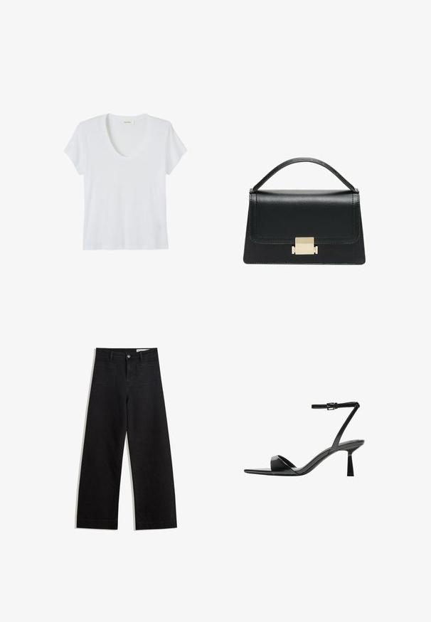 White short-sleeve t-shirt with a scoop neckline, made from lightweight, soft fabric, featuring a slightly textured finish.; Black wide-leg denim pants with a high waist, featuring front and back pockets, stitched seams, and a button closure. Smooth texture.; Bershka High heeled sandals - black; Black leather handbag with a structured design, top handle, and a gold metal clasp detail on the front. Smooth texture, minimal stitching.