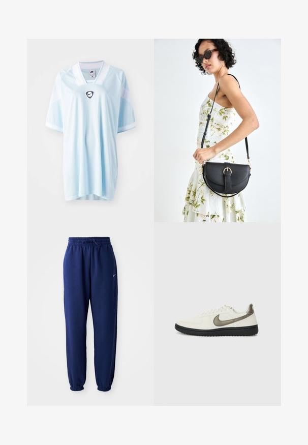 Camisa Nike de azul claro com decote em V, mangas curtas e um logotipo preto da Nike ao centro. Feita de um tecido respirável e texturizado.; Calças de fato de treino azul marinho feitas de um tecido suave, com uma cintura elástica com cordão, punhos elásticos e um pequeno logótipo branco.; Nike Sportswear FIELD GENERAL - Sapatilhas - off-white/black; Bolsa de couro preta com forma curva, alça destacável e detalhes em dourado. A bolsa possui uma aba com detalhe de fivela.