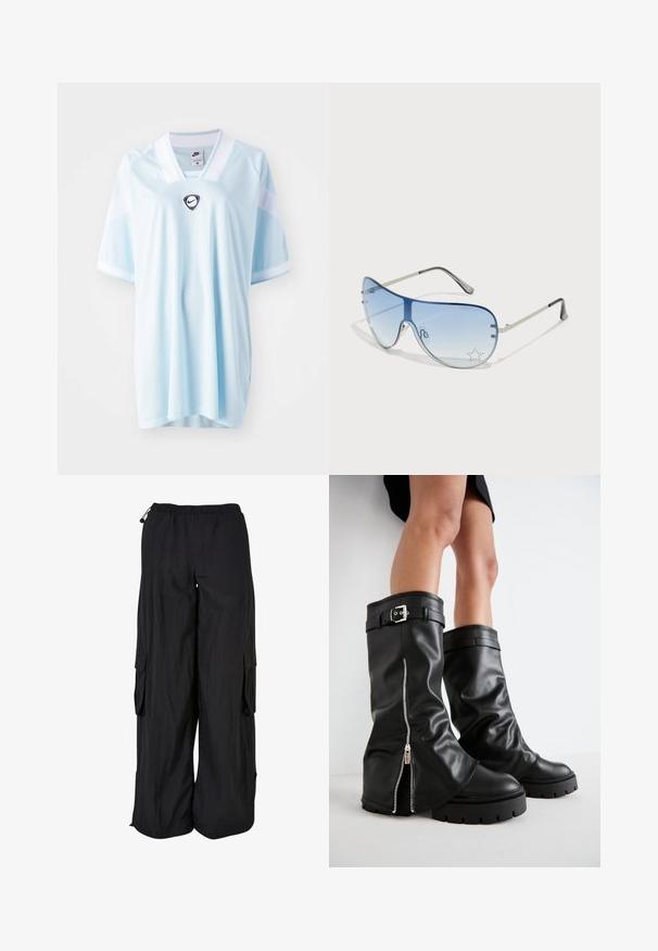 Šviesiai mėlyna „Nike“ marškinėliai su V formos iškirpte, trumpomis rankovėmis ir juodu „Nike“ logotipu centre. Pagaminti iš kvėpuojančio, tekstūruoto audinio.; Juodos kargo kelnės su elastinga juosmens juosta, laisvas siluetas, lengvos medžiagos, šoninės kišenės ir subtilus tekstūruotas paviršius.; Juodos odinės ilgos iki kelių botai su plačiu vamzdžiu, šonu užtrauktuku ir sagties akcentu, tekstūruotu paviršiumi ir masyviu guminiu padu.; Aviatoriai akiniai su gradientiniais mėlynais objektyvais, sidabriniu metaliniu rėmu ir dekoratyvinėmis žvaigždžių akcentais ant objektyvų. Lygaus ir stilingo dizaino.