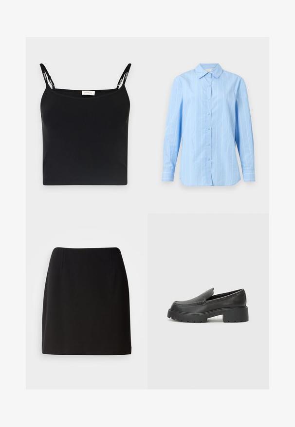 Mustat ribattu topit ohutolkaimilla, jossa on Calvin Klein -brändäys. Yksinkertainen, vartalonmyötäinen muotoilu, jossa on sileä pinta eikä ylimääräisiä kuvioita.; Vaaleansininen napitettavan kauluspaita, jossa on pystysuorat valkoiset raidat, pitkät hihat, terävä kaulus ja nappivarret. Kangas on puuvillaa, jolla on tasainen pinta.; Musta hame, jossa on tiukka siluetti, ja se on valmistettu sileästä kankaasta. Siinä on hienovaraiset etupleaatit ja keskimittainen pituus.; Musta nahkakengät, joissa on pyöristetty kärki, paksu teksturoitu pohja ja vähäiset ompeluyksityiskohdat. Tyylikäs muotoilu, jossa ei ole näkyviä nauhoja tai metalliosia.