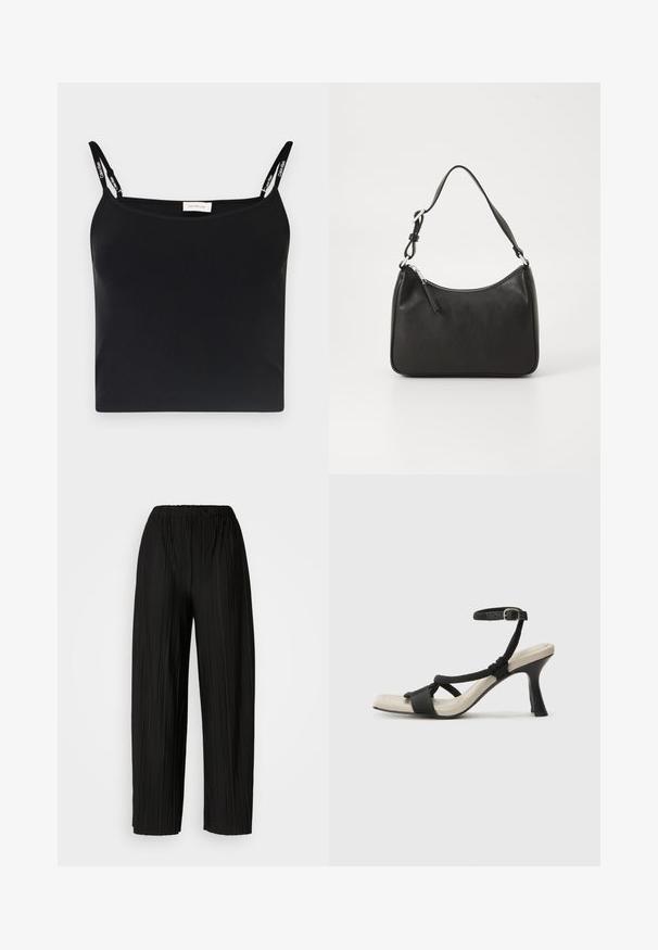 Camisola preta canelada com alças finas, apresentando a marca Calvin Klein. Design simples e ajustado, com uma textura suave e sem padrões adicionais.; Calças largas de pregas pretas com uma cintura elástica. O tecido apresenta pregas verticais e uma textura suave.; Sandal com salto alto preto e design de tiras trançadas, bico quadrado e tira de tornozelo ajustável. Sola em tom bege claro com um salto preto brilhante.; Mala de mão em couro preto com formato curvo, uma alça, fecho em zip e uma marcação discreta na frente. Textura suave, design minimalista.