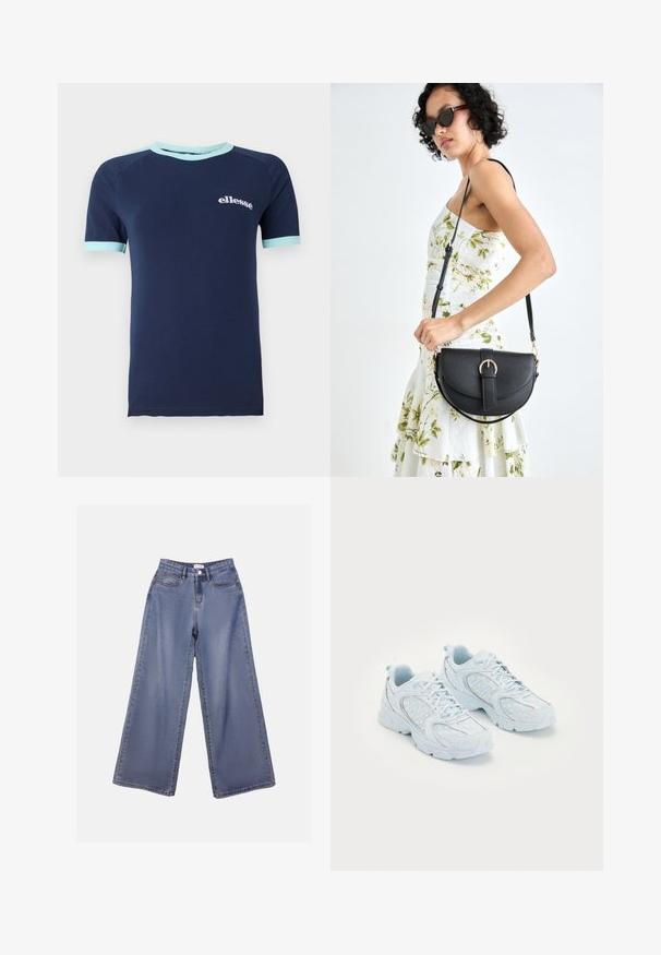 Camiseta de manga curta azul marinho em algodão, com detalhes azul claro no colarinho e nas mangas, e o logótipo branco "ellesse" na frente.; Calças de ganga de perna larga numa lavagem azul clara, com uma cintura alta, bolsos frontais e fecho de botão com passadores para cinto.; Ténis desportivos azul claro com parte superior em malha e sintético, apresentando bolinhas brancas e detalhes reflexivos, design de atacadores e solas acolchoadas.; Bolsa de couro preta com forma curva, alça destacável e detalhes em dourado. A bolsa possui uma aba com detalhe de fivela.