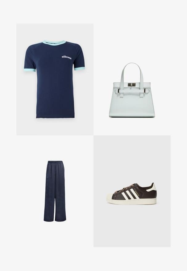 Marineblå kortærmet t-shirt lavet af bomuld, med lyseblå kant på kraven og ærmerne, med hvidt "ellesse" logo på forsiden.; Marineblå brede bukser lavet af glat stof med elastisk talje og ingen synlige metaldele. Har en afslappet pasform og fuldlængde design.; Low-top Adidas Superstar-sneaker i mørkebrunt læder med cremefarvet skal-tå, hvide striber og teksten "Superstar" på siden.; Lyseblå håndtaske med struktureret design, to håndtag og spænde i sølvfarvet metal. Tekstureret materiale og skarpe hjørner.
