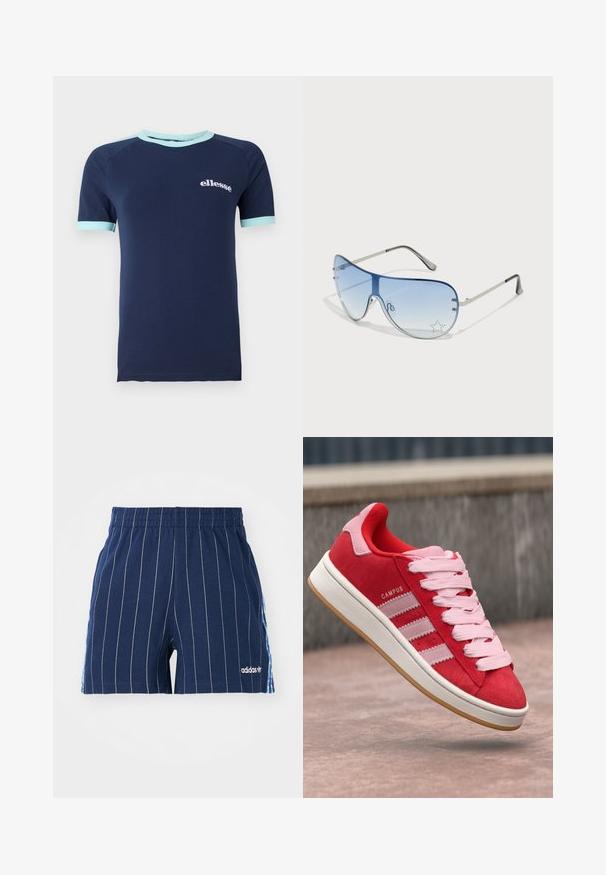 Navy blue short-sleeve t-shirt made of cotton, featuring light blue trim on the collar and sleeves, with white "ellesse" logo on the front.; Navy blue shorts with white pinstripes, elastic waistband, and Adidas logo. Features blue accents on the sides, made of cotton blend material.; Red suede sneaker with pink accents, featuring three white stripes and light pink laces. White midsole and gum rubber outsole.; Aviator sunglasses featuring a gradient blue lens, silver metal frame, and decorative star accents on the lens. Smooth and sleek design.