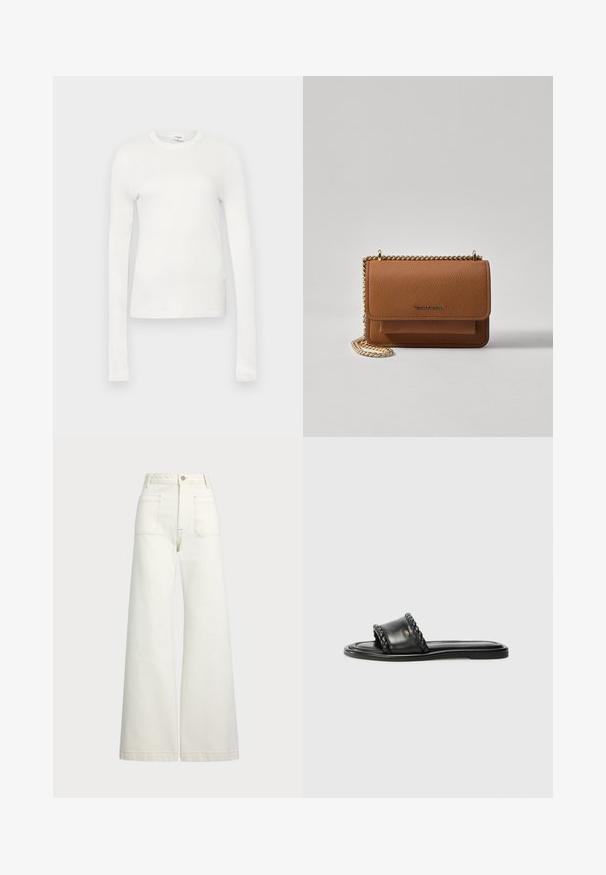 White long-sleeve t-shirt made of soft cotton. Features a round neckline, fitted silhouette, and smooth texture. No patterns or accents.; Wide-leg jeans in off-white denim. High-waisted design with a button closure, two front pockets, and contrast stitching details.; Black leather sandal with a woven strap detail, flat sole, and a sleek design. Smooth texture and minimalistic profile.; Brown textured leather crossbody bag with gold chain strap and flap closure. Front features logo detail and a pocket under the flap.