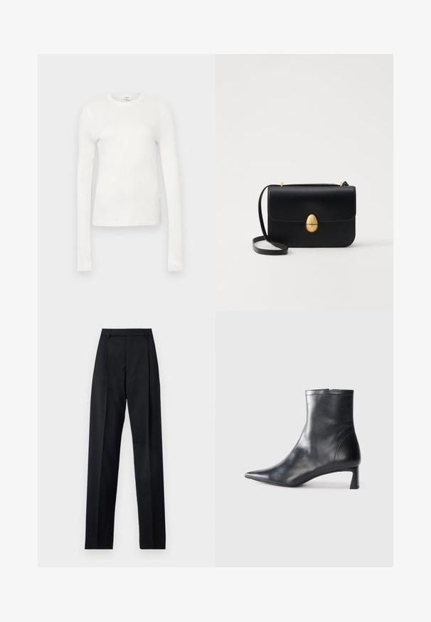 White long-sleeve t-shirt made of soft cotton. Features a round neckline, fitted silhouette, and smooth texture. No patterns or accents.; Black trousers made from smooth fabric featuring a high waist, wide legs, front pleats, and classic belt loops. No side pockets visible.; Black leather ankle boot with a pointed toe and a sleek design. Features a low heel and a zipper closure at the back. Smooth texture.; Black leather handbag with a structured rectangular shape. Features a golden oval clasp and a thin shoulder strap. Smooth texture.