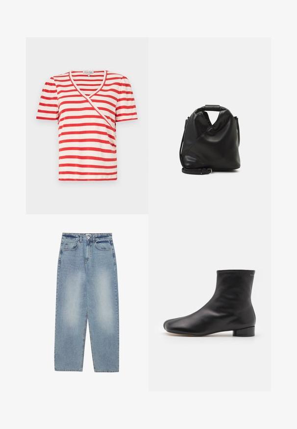 Sarkanais un baltais svītrainais īsās piedurknes t-krekls ar V-veida kakla izgriezumu un asimetrisku dizainu. Izgatavots no ribota auduma ar mīkstu tekstūru.; Balta bez piedurknēm valkāta blūze, izgatavota no kokvilnas. Tām ir norādīta apkakle, sānu sasiešanas detaļa un nedaudz brīva piegriezums, kas saplūst viduklī.; Gaiši zili džinsi ar brīvu piegriezumu, taisnu kāju dizainu, pieciem kabatām un pogu aizdari jostasvietā. Gluda tekstūra.; MM6 Maison Margiela BOOT - Klasiski puszābaki - black; Melnas, mīkstas ādas soma ar unikālu savērptu dizainu. Iespējo īsu rokturi un noņemamu plecu siksnu. Minimalistisks stils.