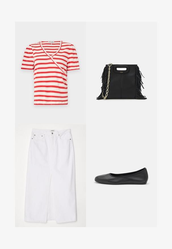 Rood-wit gestreepte T-shirt met korte mouwen, V-hals en een asymmetrisch ontwerp. Gemaakt van een geribbelde stof met een zachte textuur.; Witte spijkerrok met een voorklep, vijf-pocket ontwerp, metalen knop- en ritsluiting, en gestikte zoomdetails.; Zwarte leren ballerina met een ronde neus, gladde textuur, minimale stikdetails en een flexibele zoolontwerp.; Zwarte leren handtas met franjes, gouden schouderband van schakels en een uitsnijding in de handgreep. Heeft het logo prominent aan de voorkant.