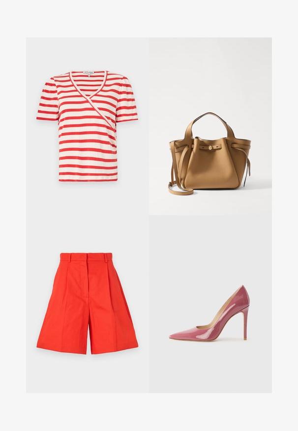 Punane ja valge triibuline lühikeste varrukate T-särk V-kaelusega ja asümmeetrilise kujundusega. Valmistatud pehmest ribakangast.; Punased puuvillased lühikesed püksid, kõrge vöökohaga, millel on voldid ja lai lõige. Sile tekstuur ja puhtad jooned. Taskuteta ega kaunistusteta.; Roosa läikiv nahast kõrge kontsaga king, millel on terav varvas ja vormikas siluett, millel on väljalõike detail ja stiletto konts.; Tory Burch ROMY PEBBLED SATCHEL - Käekott - tiramisu