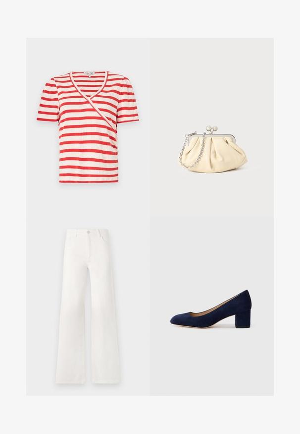 Punane ja valge triibuline lühikeste varrukate T-särk V-kaelusega ja asümmeetrilise kujundusega. Valmistatud pehmest ribakangast.; Valged, kõrge vöökohaga laiad teksad, mis on valmistatud denimist. Omab nupuga sulgemist, kahte esimest taskut ja külgede õmbluste detailseid õmblusi.; Tumesinise sametist kõrge kontsaga king, millel on terav nina ja keskmise kõrgusega plokk-konts. Sile tekstuur kerge sädelusega ja ees väike lõige.; Kortsus beežist nahast kotike, millel on hõbedane metallraam, kaunistatud kahe ümmarguse dekoratiivse lukuga ja hõbedase ketispideme.